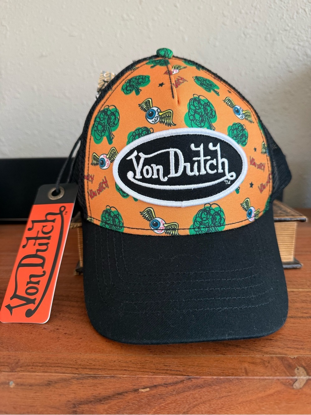 Von Dutch Orange Hat with Black Brim and Green Accents